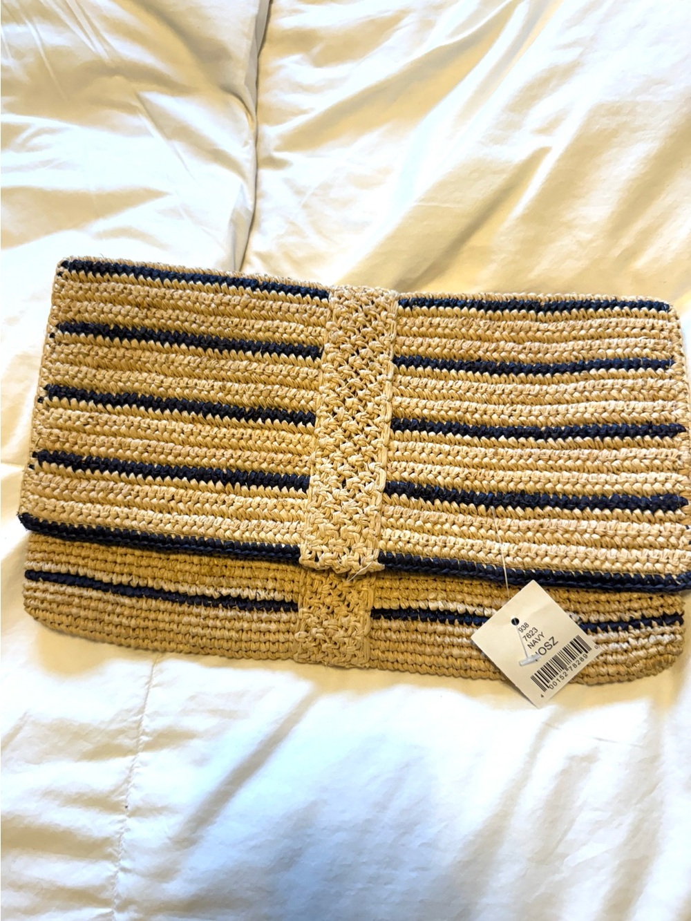 Woven Mar Y Sol Straw Clutch with Navy Stripes